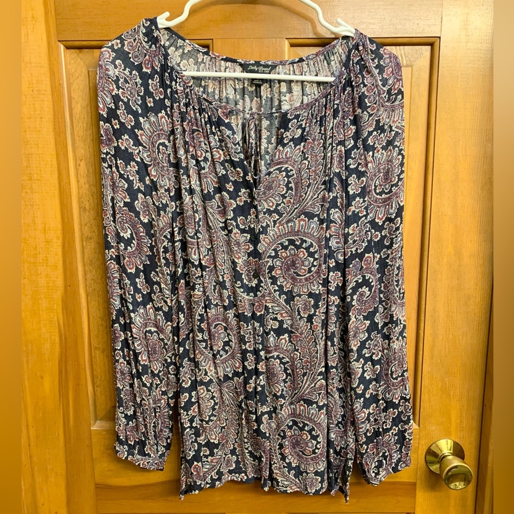 Lucky Brand Navy and Purple Paisley button up Blouse w/ tie front